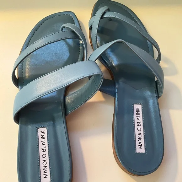 Blue Manolo Blahnik Nappa Leather Flat Sandals 39.5 - Picture 3 of 3